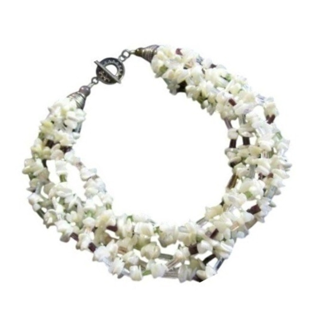 Seven Strand Mother Of Pearl,Peridot,Garnet Gemstone Bead‎ Silver 925 Necklace